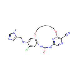 Cn1cncc1CNc1cc2c(cc1Cl)NC(=O)Nc1cnc(C#N)c(n1)OCCCCCO2 ZINC000014958296