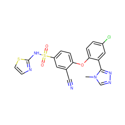 Cn1cnnc1-c1cc(Cl)ccc1Oc1ccc(S(=O)(=O)Nc2nccs2)cc1C#N ZINC000095583956