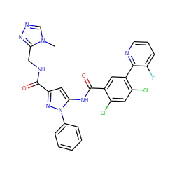 Cn1cnnc1CNC(=O)c1cc(NC(=O)c2cc(-c3ncccc3F)c(Cl)cc2Cl)n(-c2ccccc2)n1 ZINC001772604613