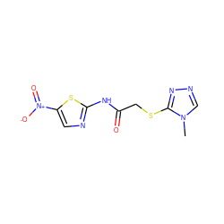 Cn1cnnc1SCC(=O)Nc1ncc([N+](=O)[O-])s1 ZINC000009373289