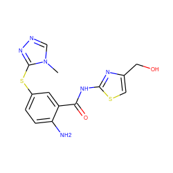 Cn1cnnc1Sc1ccc(N)c(C(=O)Nc2nc(CO)cs2)c1 ZINC000040950440