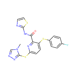 Cn1cnnc1Sc1ccc(Sc2ccc(F)cc2)c(C(=O)Nc2nccs2)n1 ZINC000043023653