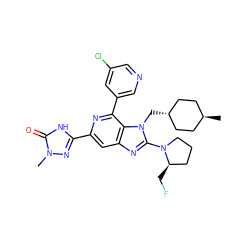 Cn1nc(-c2cc3nc(N4CCC[C@H]4CF)n(C[C@H]4CC[C@H](C)CC4)c3c(-c3cncc(Cl)c3)n2)[nH]c1=O ZINC000261166910