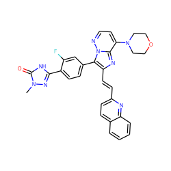 Cn1nc(-c2ccc(-c3c(/C=C/c4ccc5ccccc5n4)nc4c(N5CCOCC5)ccnn34)cc2F)[nH]c1=O ZINC001772581323