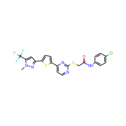 Cn1nc(-c2ccc(-c3ccnc(SCC(=O)Nc4ccc(Cl)cc4)n3)s2)cc1C(F)(F)F ZINC000001038692