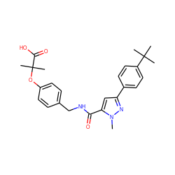 Cn1nc(-c2ccc(C(C)(C)C)cc2)cc1C(=O)NCc1ccc(OC(C)(C)C(=O)O)cc1 ZINC000040847207