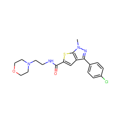 Cn1nc(-c2ccc(Cl)cc2)c2cc(C(=O)NCCN3CCOCC3)sc21 ZINC000020239145