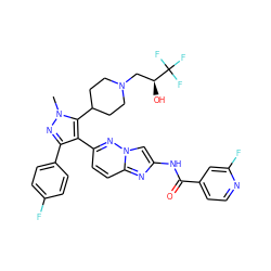 Cn1nc(-c2ccc(F)cc2)c(-c2ccc3nc(NC(=O)c4ccnc(F)c4)cn3n2)c1C1CCN(C[C@H](O)C(F)(F)F)CC1 ZINC000220010845