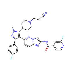 Cn1nc(-c2ccc(F)cc2)c(-c2ccc3nc(NC(=O)c4ccnc(F)c4)cn3n2)c1C1CCN(CCC#N)CC1 ZINC000220903072