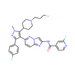 Cn1nc(-c2ccc(F)cc2)c(-c2ccc3nc(NC(=O)c4ccnc(F)c4)cn3n2)c1C1CCN(CCCF)CC1 ZINC000219839922