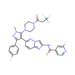 Cn1nc(-c2ccc(F)cc2)c(-c2ccc3nc(NC(=O)c4ccnc(F)c4)cn3n2)c1N1CCN(C(=O)CC(F)(F)F)CC1 ZINC000220125530