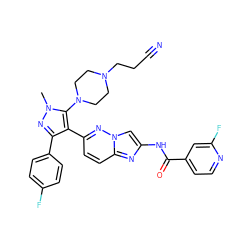 Cn1nc(-c2ccc(F)cc2)c(-c2ccc3nc(NC(=O)c4ccnc(F)c4)cn3n2)c1N1CCN(CCC#N)CC1 ZINC000209685267