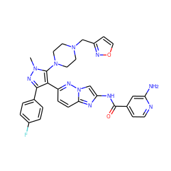 Cn1nc(-c2ccc(F)cc2)c(-c2ccc3nc(NC(=O)c4ccnc(N)c4)cn3n2)c1N1CCN(Cc2ccon2)CC1 ZINC000220059640