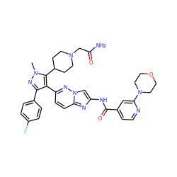 Cn1nc(-c2ccc(F)cc2)c(-c2ccc3nc(NC(=O)c4ccnc(N5CCOCC5)c4)cn3n2)c1C1CCN(CC(N)=O)CC1 ZINC000210237166