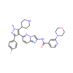 Cn1nc(-c2ccc(F)cc2)c(-c2ccc3nc(NC(=O)c4ccnc(N5CCOCC5)c4)cn3n2)c1C1CCNCC1 ZINC000220054047