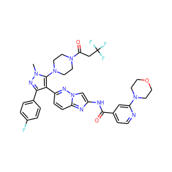 Cn1nc(-c2ccc(F)cc2)c(-c2ccc3nc(NC(=O)c4ccnc(N5CCOCC5)c4)cn3n2)c1N1CCN(C(=O)CC(F)(F)F)CC1 ZINC000209701716