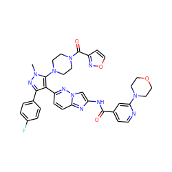 Cn1nc(-c2ccc(F)cc2)c(-c2ccc3nc(NC(=O)c4ccnc(N5CCOCC5)c4)cn3n2)c1N1CCN(C(=O)c2ccon2)CC1 ZINC000209696118