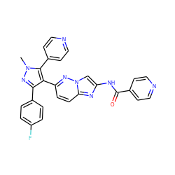 Cn1nc(-c2ccc(F)cc2)c(-c2ccc3nc(NC(=O)c4ccncc4)cn3n2)c1-c1ccncc1 ZINC001772571295