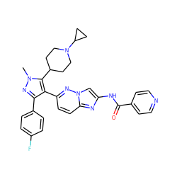 Cn1nc(-c2ccc(F)cc2)c(-c2ccc3nc(NC(=O)c4ccncc4)cn3n2)c1C1CCN(C2CC2)CC1 ZINC000209714947