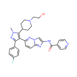 Cn1nc(-c2ccc(F)cc2)c(-c2ccc3nc(NC(=O)c4ccncc4)cn3n2)c1C1CCN(CCO)CC1 ZINC001772638828