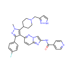 Cn1nc(-c2ccc(F)cc2)c(-c2ccc3nc(NC(=O)c4ccncc4)cn3n2)c1C1CCN(Cc2cc[nH]n2)CC1 ZINC001772593420