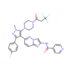 Cn1nc(-c2ccc(F)cc2)c(-c2ccc3nc(NC(=O)c4ccncc4)cn3n2)c1N1CCN(C(=O)CC(F)(F)F)CC1 ZINC000220068831