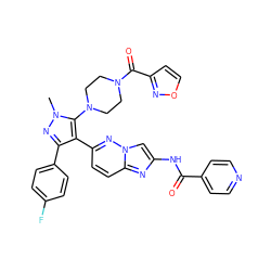 Cn1nc(-c2ccc(F)cc2)c(-c2ccc3nc(NC(=O)c4ccncc4)cn3n2)c1N1CCN(C(=O)c2ccon2)CC1 ZINC000220061473