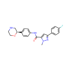 Cn1nc(-c2ccc(F)cc2)cc1C(=O)Nc1ccc([C@@H]2CNCCO2)cc1 ZINC000150180374