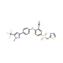 Cn1nc(-c2ccc(Oc3ccc(S(=O)(=O)Nc4nccs4)cc3C#N)cc2)cc1C(F)(F)F ZINC000095583352