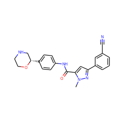 Cn1nc(-c2cccc(C#N)c2)cc1C(=O)Nc1ccc([C@H]2CNCCO2)cc1 ZINC000150107742