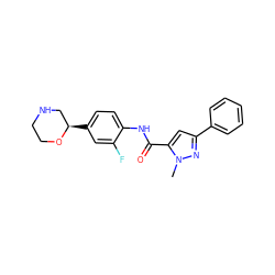 Cn1nc(-c2ccccc2)cc1C(=O)Nc1ccc([C@@H]2CNCCO2)cc1F ZINC000143207190