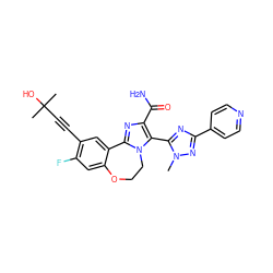 Cn1nc(-c2ccncc2)nc1-c1c(C(N)=O)nc2n1CCOc1cc(F)c(C#CC(C)(C)O)cc1-2 ZINC000205806676