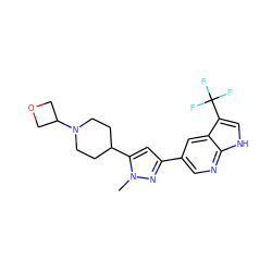 Cn1nc(-c2cnc3[nH]cc(C(F)(F)F)c3c2)cc1C1CCN(C2COC2)CC1 ZINC000146517053