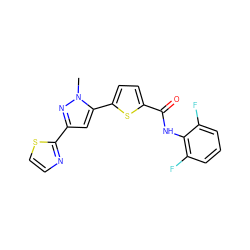 Cn1nc(-c2nccs2)cc1-c1ccc(C(=O)Nc2c(F)cccc2F)s1 ZINC000142585108