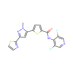 Cn1nc(-c2nccs2)cc1-c1ccc(C(=O)Nc2c(F)cncc2F)s1 ZINC000142665925