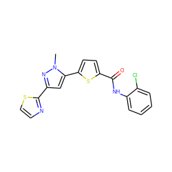 Cn1nc(-c2nccs2)cc1-c1ccc(C(=O)Nc2ccccc2Cl)s1 ZINC000142594360