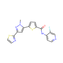 Cn1nc(-c2nccs2)cc1-c1ccc(C(=O)Nc2ccncc2F)s1 ZINC000142665703