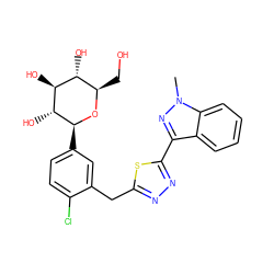 Cn1nc(-c2nnc(Cc3cc([C@@H]4O[C@H](CO)[C@@H](O)[C@H](O)[C@H]4O)ccc3Cl)s2)c2ccccc21 ZINC000045349734