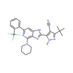 Cn1nc(C(C)(C)C)c(C#N)c1-c1nc2c(N3CCCCC3)nc(-c3ccccc3C(F)(F)F)cc2[nH]1 ZINC001772657027