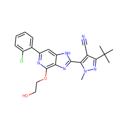 Cn1nc(C(C)(C)C)c(C#N)c1-c1nc2c(OCCO)nc(-c3ccccc3Cl)cc2[nH]1 ZINC001772613743