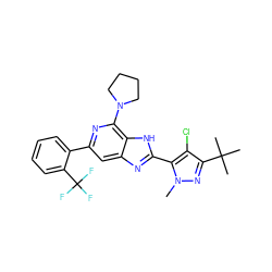 Cn1nc(C(C)(C)C)c(Cl)c1-c1nc2cc(-c3ccccc3C(F)(F)F)nc(N3CCCC3)c2[nH]1 ZINC000141576394