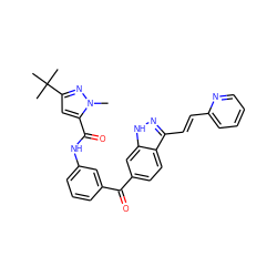 Cn1nc(C(C)(C)C)cc1C(=O)Nc1cccc(C(=O)c2ccc3c(/C=C/c4ccccn4)n[nH]c3c2)c1 ZINC000167000650