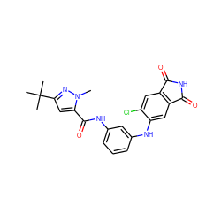 Cn1nc(C(C)(C)C)cc1C(=O)Nc1cccc(Nc2cc3c(cc2Cl)C(=O)NC3=O)c1 ZINC000073164147