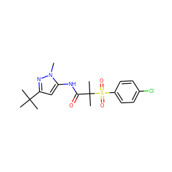 Cn1nc(C(C)(C)C)cc1NC(=O)C(C)(C)S(=O)(=O)c1ccc(Cl)cc1 ZINC000040395804