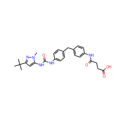 Cn1nc(C(C)(C)C)cc1NC(=O)Nc1ccc(Cc2ccc(NC(=O)CCC(=O)O)cc2)cc1 ZINC000013442544