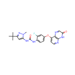 Cn1nc(C(C)(C)C)cc1NC(=O)Nc1ccc(Oc2ccnc3[nH]c(=O)cnc23)cc1F ZINC000058541218