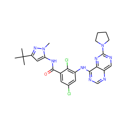 Cn1nc(C(C)(C)C)cc1NC(=O)c1cc(Cl)cc(Nc2ncnc3cnc(N4CCCC4)nc23)c1Cl ZINC000148267096