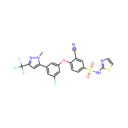 Cn1nc(C(F)(F)F)cc1-c1cc(F)cc(Oc2ccc(S(=O)(=O)Nc3nccs3)cc2C#N)c1 ZINC000095583052