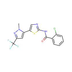 Cn1nc(C(F)(F)F)cc1-c1cnc(NC(=O)c2ccccc2Cl)s1 ZINC000142566518