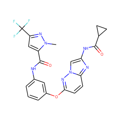 Cn1nc(C(F)(F)F)cc1C(=O)Nc1cccc(Oc2ccc3nc(NC(=O)C4CC4)cn3n2)c1 ZINC000095601865